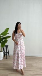 Lavinya Gloplu Çiçekli Elbise - Pembe