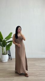 Kelly %100 Pamuk Ayarlanabilir Askılı Elbise - Kahve