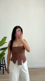 Bağlanabilir Askılı Keten Korse - Kahve