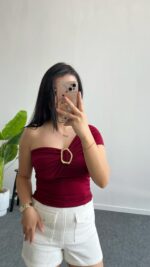 Ayarlanabilir Detaylı Straplez Bluz - Bordo - Görsel 3