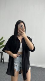 Linda Asimetrik Kesim Keten Gömlek - Siyah