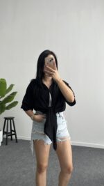 Linda Asimetrik Kesim Keten Gömlek - Siyah - Görsel 5