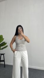 Boyundan Geçmeli Puantiyeli Bluz - Beyaz - Görsel 5