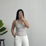 Boyundan Geçmeli Puantiyeli Bluz - Beyaz