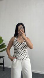 Boyundan Geçmeli Puantiyeli Bluz - Beyaz - Görsel 8