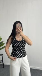 Boyundan Geçmeli Puantiyeli Bluz - Siyah - Görsel 2