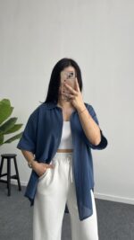 Linda Asimetrik Kesim Keten Gömlek - İndigo - Görsel 4