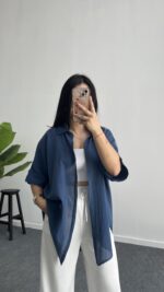 Linda Asimetrik Kesim Keten Gömlek - İndigo