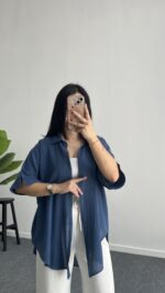 Linda Asimetrik Kesim Keten Gömlek - İndigo - Görsel 5
