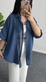 Linda Asimetrik Kesim Keten Gömlek - İndigo - Görsel 6