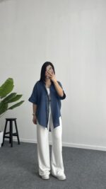 Linda Asimetrik Kesim Keten Gömlek - İndigo - Görsel 7