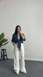 Linda Asimetrik Kesim Keten Gömlek - İndigo - Görsel 8