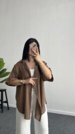 Linda Asimetrik Kesim Keten Gömlek - Kahve - Görsel 5
