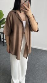 Linda Asimetrik Kesim Keten Gömlek - Kahve - Görsel 6