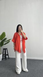 Linda Asimetrik Kesim Keten Gömlek - Nar Çiçeği - Görsel 4