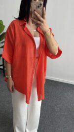 Linda Asimetrik Kesim Keten Gömlek - Nar Çiçeği - Görsel 5
