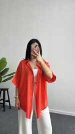 Linda Asimetrik Kesim Keten Gömlek - Nar Çiçeği - Görsel 6