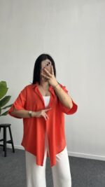 Linda Asimetrik Kesim Keten Gömlek - Nar Çiçeği - Görsel 7
