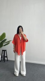 Linda Asimetrik Kesim Keten Gömlek - Nar Çiçeği - Görsel 8