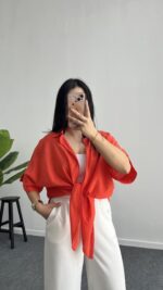 Linda Asimetrik Kesim Keten Gömlek - Nar Çiçeği - Görsel 10