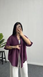Linda Asimetrik Kesim Keten Gömlek - Mürdüm - Görsel 5
