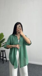 Linda Asimetrik Kesim Keten Gömlek - Yeşil - Görsel 5