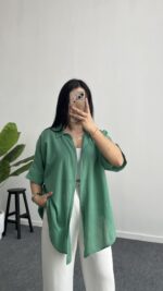 Linda Asimetrik Kesim Keten Gömlek - Yeşil