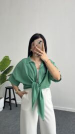 Linda Asimetrik Kesim Keten Gömlek - Yeşil - Görsel 8