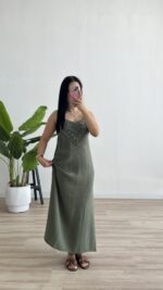 Kelly %100 Pamuk Ayarlanabilir Askılı Elbise - Haki - Görsel 4