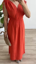 Natalie Müslin Elbise - Mercan - Görsel 5
