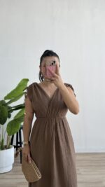 Natalie Müslin Elbise - Kahve - Görsel 4