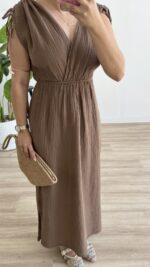 Natalie Müslin Elbise - Kahve - Görsel 5