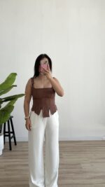 Bağlanabilir Askılı Keten Korse - Kahve - Görsel 2