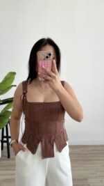 Bağlanabilir Askılı Keten Korse - Kahve - Görsel 3