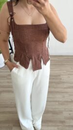 Bağlanabilir Askılı Keten Korse - Kahve - Görsel 5