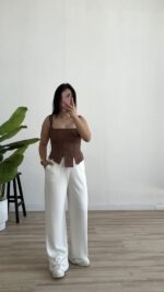 Bağlanabilir Askılı Keten Korse - Kahve - Görsel 4