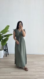 Natalie Müslin Elbise - Haki - Görsel 4