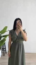 Natalie Müslin Elbise - Haki - Görsel 3